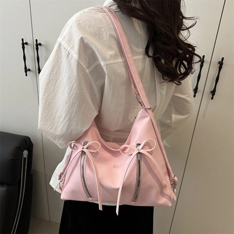 Women Fashion Bow PU Leather Shoulder Bag Large Capacity Tote Hobo Bag With Double Zippers Sweet Style Handbag For Daily Use