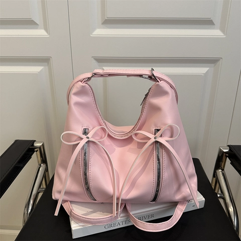 Bolso de Hombro de Cuero PU para Mujer Bolso Tote de Gran Capacidad Con Lazo y Doble Cremallera Vertical Decoración Casual Hobo