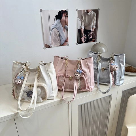 Japanese Style Cute PU Leather Ita Bag Women Large Capacity Clear PVC Window Shoulder Tote Bag With Chain Strap For Daily