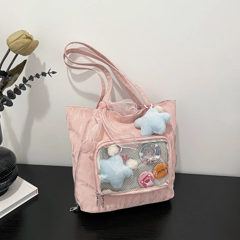 Large Capacity Transparent Ita Bag Women PU Leather Tote Bag Japanese Harajuku Style Shoulder Bag With Plush Star Pendant Girls Bag