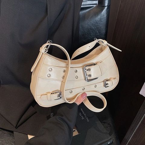 Women PU Leather Underarm Shoulder Bag Y2K Punk Retro Style Metal Eyelets Buckles Detail Niche Design Fashion Bag