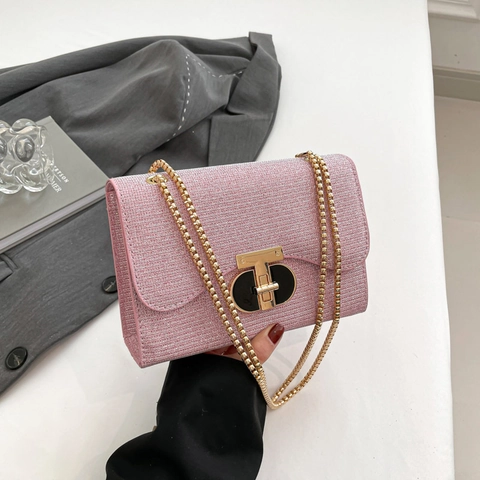 Sac à Bandoulière Brillant pour Femme Petit Sac Carré Élégant en Cuir PU avec Chaîne et Fermoir en T en Métal pour le Quotidien et les Soirées