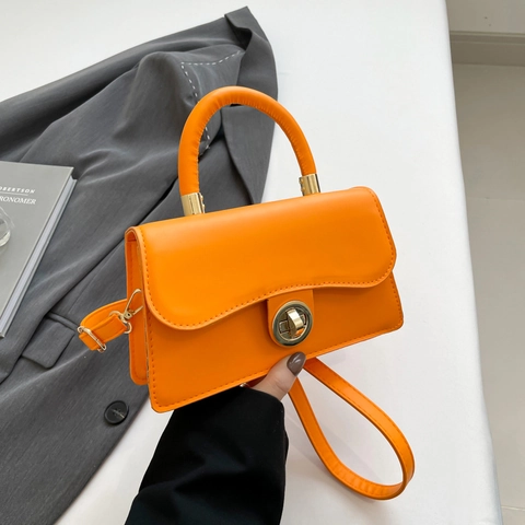 Women Retro PU Leather Small Square Bag Minimalist Handheld Shoulder Crossbody Purse With Golden Round Twist Lock