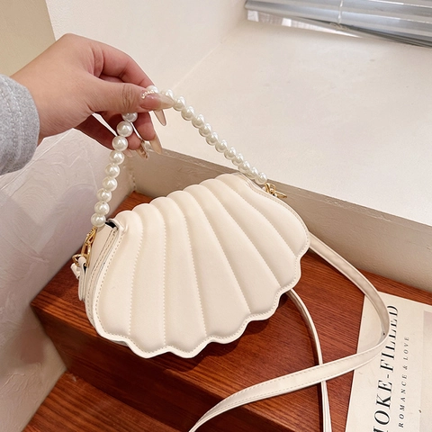 Elegant Shell Shaped Women Shoulder Bag With Pearl Handle Pleated PU Leather Crossbody Handbag Evening Party Fashion Bag