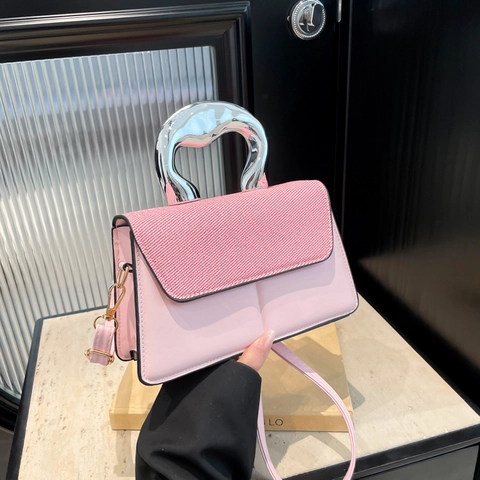 Fashion Women PU Leather Crossbody Bag With Unique Silver Metal Handle Mixed Woven Texture Flap Shoulder Handbag Purse