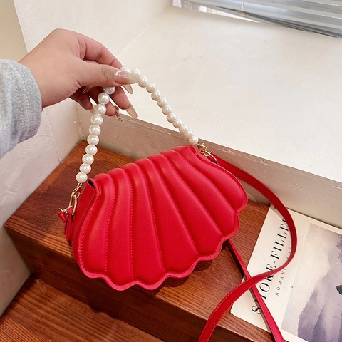 Fashion Women Shell Shaped Crossbody Bag With Artificial Pearl Handle PU Leather Pleated Design Small Shoulder Bag For Daily