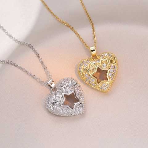 Mama Herz Anhänger Halskette Edelstahl Zirkonia Eingelegt Muttertag Schmuck Geschenk Für Frauen Mode Elegant