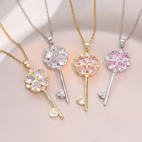 Key Pendant Necklace Titanium Steel Heart Four Leaf Clover Zirconia Elegant Fashion Jewelry For Women