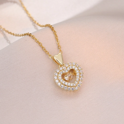 Heart Dancing Stone Pendant Necklace Titanium Stainless Steel Full Rhinestone Clavicle Chain Elegant Jewelry For Women