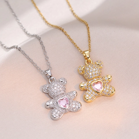 Collana con Pendente a Forma di Orso per Donna Acciaio Inossidabile Cuore Rosa Zirconia Oro Argento Placcato Gioielli Regalo
