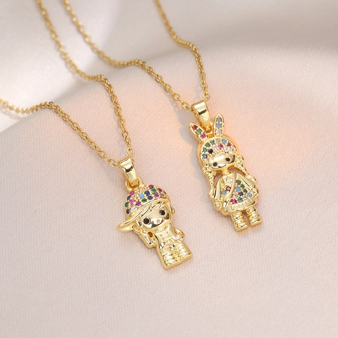 Collana Con Ciondolo Figura Ragazzo Ragazza Cartone Animato Acciaio Al Titanio Zircone Colorato Gioielli Regalo Per Donne