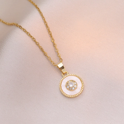 Round Flower Pendant Necklace Gold Plated Stainless Steel With Mother Of Artificial Pearl And Zircon Inlay Fashion Jewelry For Women