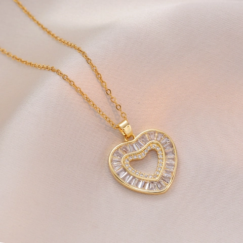 Heart Pendant Necklace With Double Layered Sparkling Zircon Inlaid Gold Plated Titanium Steel Fashion Jewelry For Women