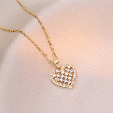 Collar Con Colgante De Corazón Acero Inoxidable Micro Pavé Circón Hueco Moda Joyería Vintage Para Mujeres