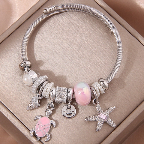 Bracciale Con Ciondoli Tema Oceano Rigido In Acciaio Inossidabile Con Tartaruga Stella Marina Conchiglia Per Donna