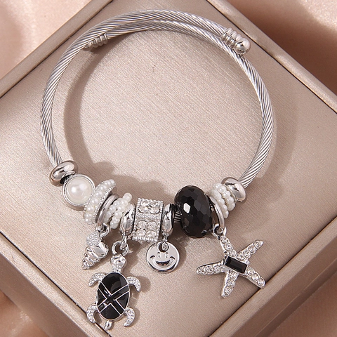 Bracciale Con Ciondoli Tema Oceano Rigido In Acciaio Inossidabile Con Tartaruga Stella Marina Conchiglia Per Donna