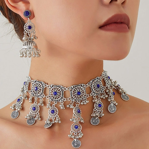 Bohemian Ethnic Vintage Zinc Alloy Jewelry Collection Hollow Flower Coin Tassel Choker Necklace And Dangle Earrings For Women