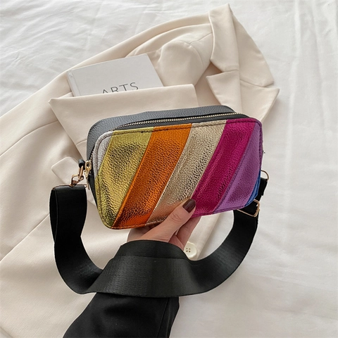 Camera Bag Women Rainbow Striped Metallic PU Leather Wide Webbing Strap Patchwork Crossbody Small Square Shoulder Bag Daily Fashion Purse