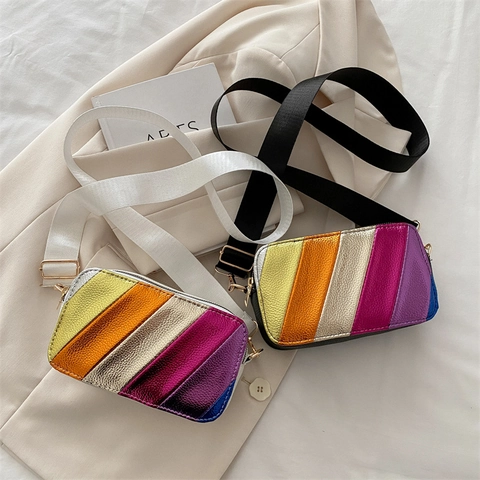 Camera Bag Women Rainbow Striped Metallic PU Leather Wide Webbing Strap Patchwork Crossbody Small Square Shoulder Bag Daily Fashion Purse