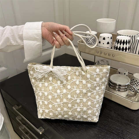 Damen Frische Gewebte Tragetasche Mit Spitze Schleife Blumenstickerei Stroh Handtasche Sommer Strand Urlaub Schultertasche