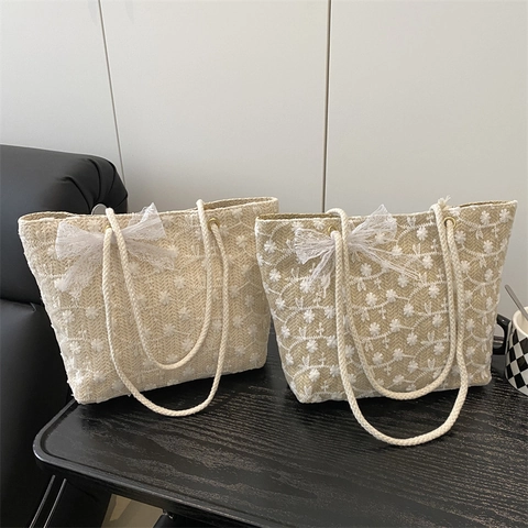 Damen Frische Gewebte Tragetasche Mit Spitze Schleife Blumenstickerei Stroh Handtasche Sommer Strand Urlaub Schultertasche