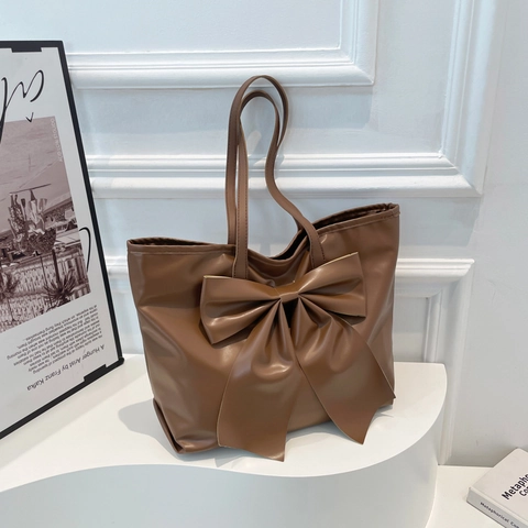 Women Large Capacity Bowknot Tote Bag PU Leather Shoulder Bag Fashion Commuter Handbag Solid Color 2025 Spring Bag