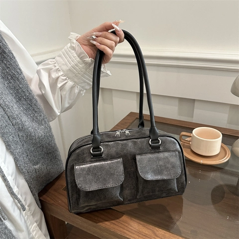 Borsa a Tracolla Vintage in Pelle PU da Donna Retro Underarm Tote Con Doppie Tasche Frontali Urban Minimalist Bowling Handbag