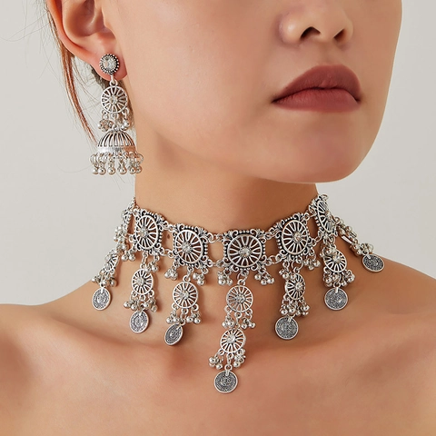 Bohemian Ethnic Vintage Zinc Alloy Jewelry Collection Hollow Flower Coin Tassel Choker Necklace And Dangle Earrings For Women