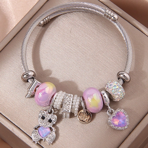 Beaded Bracelet Stainless Steel Cable Wire Rhinestone Bear Heart Charms DIY Fashion Jewelry Women Bohemian Glass Beads