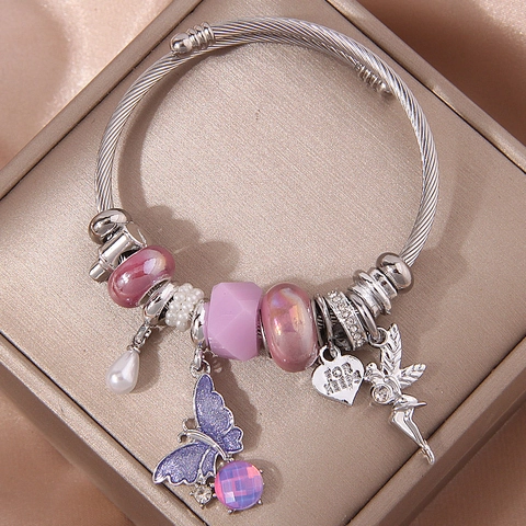 Women Stainless Steel Charm Bracelet With Butterfly Fairy Heart Pendants Silver Twisted Cable Wire Cuff Bangle Jewelry Gift
