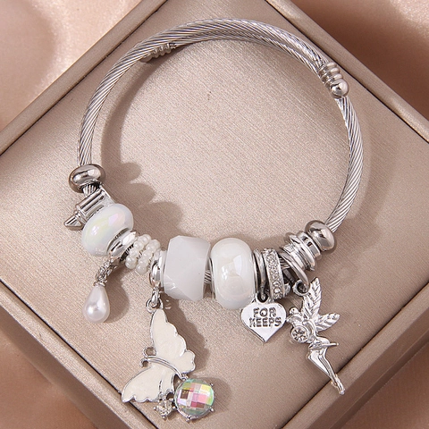 Women Stainless Steel Charm Bracelet With Butterfly Fairy Heart Pendants Silver Twisted Cable Wire Cuff Bangle Jewelry Gift