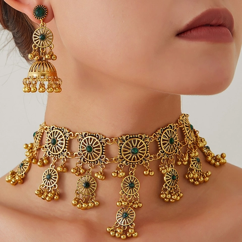 Vintage Indian Jhumka Necklace And Earrings Zinc Alloy Rhinestone Ethnic Jewelry For Women Hollow Tassel Choker Party Wedding