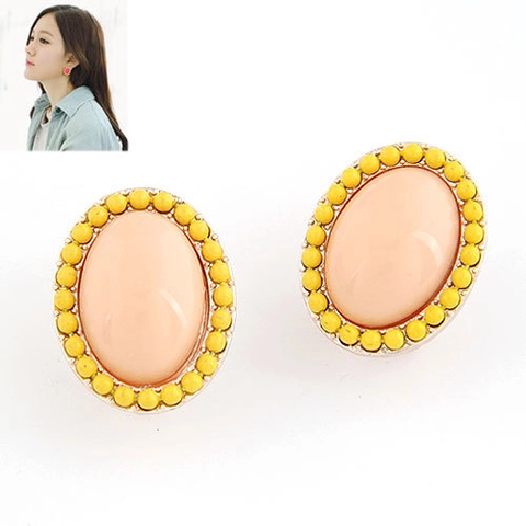 Oval Stud Earrings Alloy Resin Candy Color Bead Border Contrast Color Sweet Vintage Fashion Women