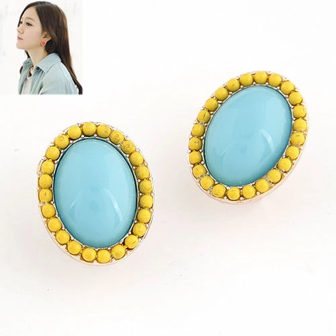 Oval Stud Earrings Alloy Resin Candy Color Bead Border Contrast Color Sweet Vintage Fashion Women