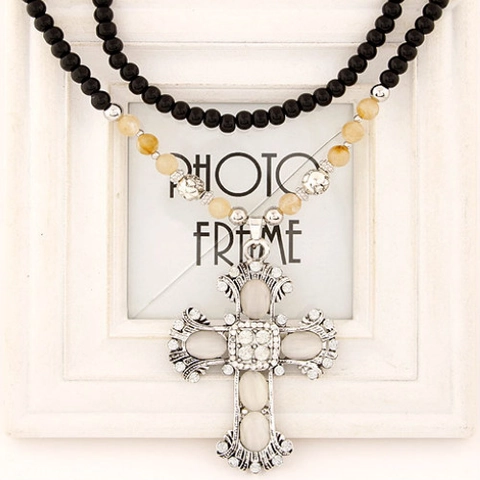 Collana Con Pendente A Croce Vintage Catena Lunga Per Maglione Doppio Strato Perline Lega Strass Pietra Occhio Di Gatto Gioielli Bohemian
