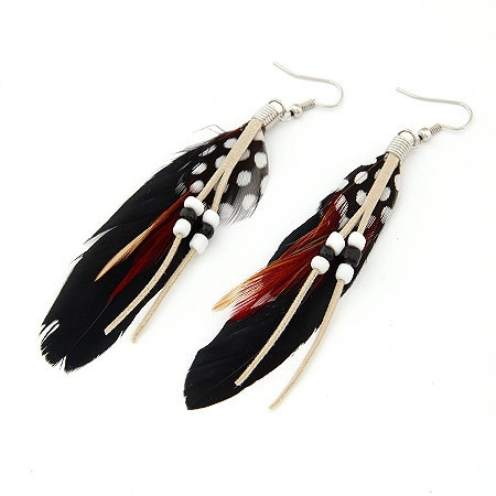 Pendientes De Plumas Bohemios Borla Larga Estilo Étnico Tribal Con Cuentas Coloridas De Aleación Y Cordón De Gamuza Mujer
