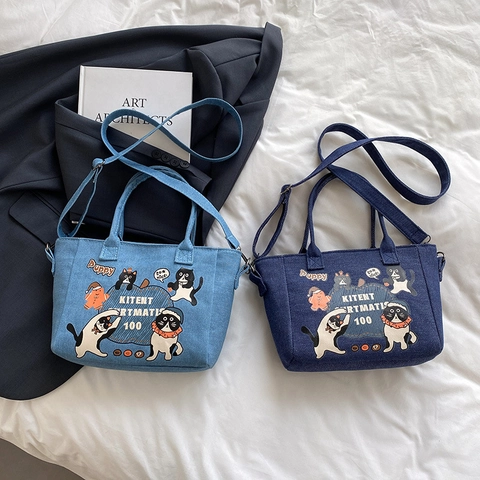 Dames Denim Draagtas Cartoon Kat Print Grote Capaciteit Casual Handtas Crossbody Schoudertas Met Verstelbare Riem