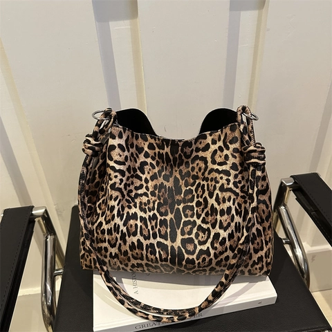 Leopardenmuster Tote Bag Für Damen Große Kapazität PU Leder Umhängetasche Mit Geknotetem Riemen Mode Pendler Handtasche