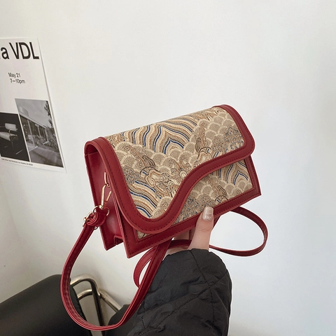 Women Vintage Ethnic Embroidery Small Square Bag PU Leather Brocade Crossbody Shoulder Handbag Wave Pattern Chinese Style