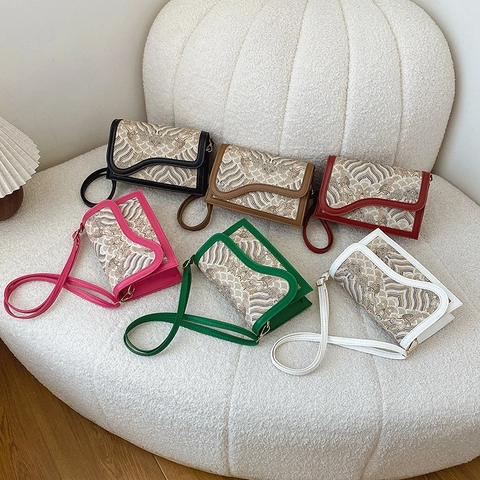 Women Vintage Ethnic Embroidery Small Square Bag PU Leather Brocade Crossbody Shoulder Handbag Wave Pattern Chinese Style