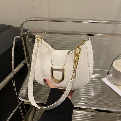 Borsa Sottobraccio in Pelle PU Retro Motivo Marmo per Donna Elegante Fibbia in Metallo Oro Borsa a Tracolla Con Catena