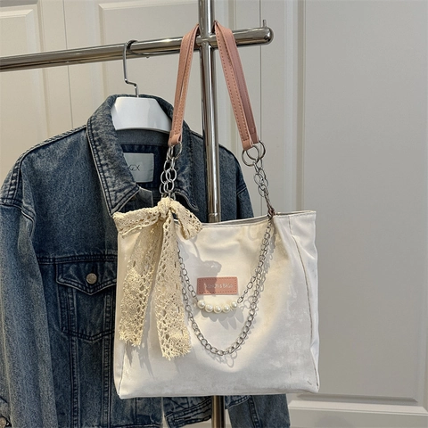 Grande Borsa Tote In Pelle PU Con Tracolle Rosa Catena In Metallo Perla Artificial Fiocco In Pizzo Borsa A Spalla Coreana Dolce Donne