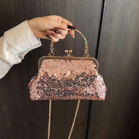Dames Pailletten Avondtas Schelpvorm Clutch Handtas Met Metalen Handvat Kettingriem Vintage Kiss Lock Feesttas
