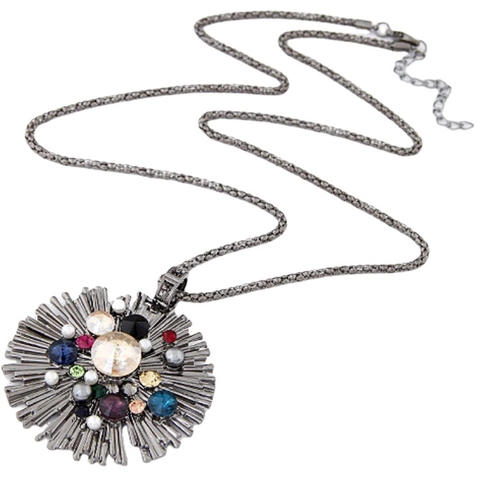 Long Sweater Necklace For Women Bohemian Sunflower Pendant Alloy Multi Color Rhinestone Faux Artificial Pearl Retro Jewelry