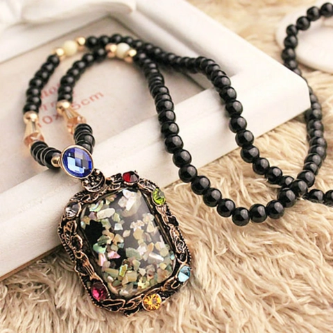 Bohemian Vintage Ethnic Shell Mosaic Geometric Pendant Alloy Rhinestone Bead Chain Long Sweater Necklace Jewelry Women