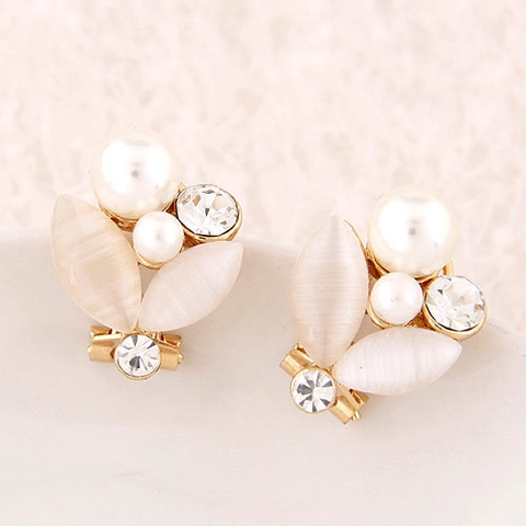 Eleganti Orecchini A Lobo A Forma Di Fiore Lega Con Strass Cechi Pietra Occhio Di Gatto E Perla Artificial Sintetica Design A Foglia Moda