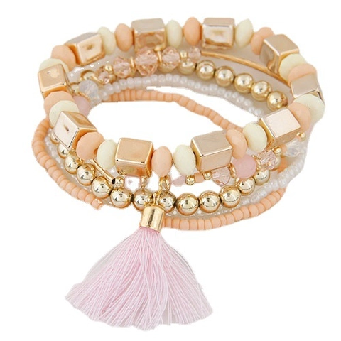 Multi-Layer Perlenarmband Bohemian Stil Legierung Harzperlen Mit Satinnquaste Stapelbar Ethnische Mode Für Frauen