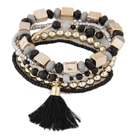 Multi-Layer Perlenarmband Bohemian Stil Legierung Harzperlen Mit Satinnquaste Stapelbar Ethnische Mode Für Frauen
