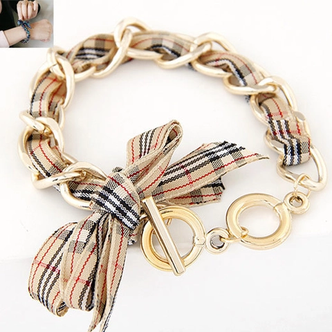 Alloy Plaid Ribbon Chain Bracelet Sweet Bow Knot Retro Fashion Jewelry With OT Toggle Clasp For Women