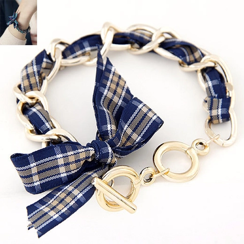 Alloy Plaid Ribbon Chain Bracelet Sweet Bow Knot Retro Fashion Jewelry With OT Toggle Clasp For Women